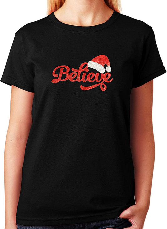 Women's / Unisex T-Shirt with Believe with Santa Hat in Glitters