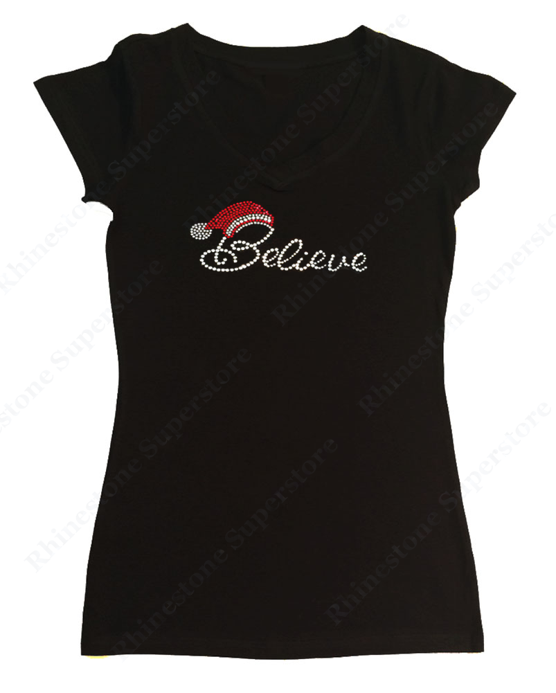 Womens T-shirt with Believe with Santa Hat in Rhinestones