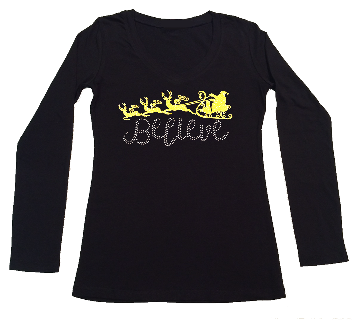 Womens T-shirt with Believe with Santa Sleigh in Glitters and Rhinestones