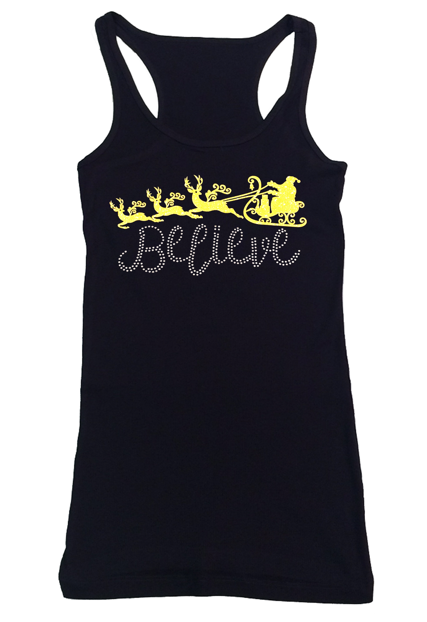 Womens T-shirt with Believe with Santa Sleigh in Glitters and Rhinestones