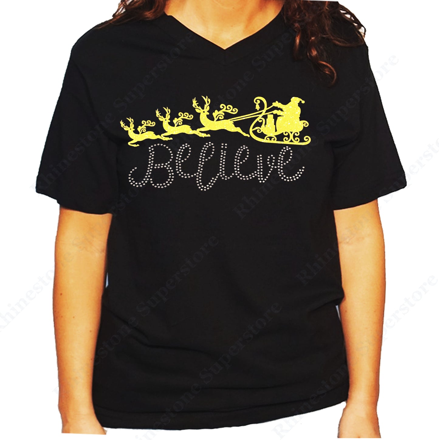 Women's / Unisex T-Shirt with Believe with Santa Sleigh in Glitters and Rhinestones
