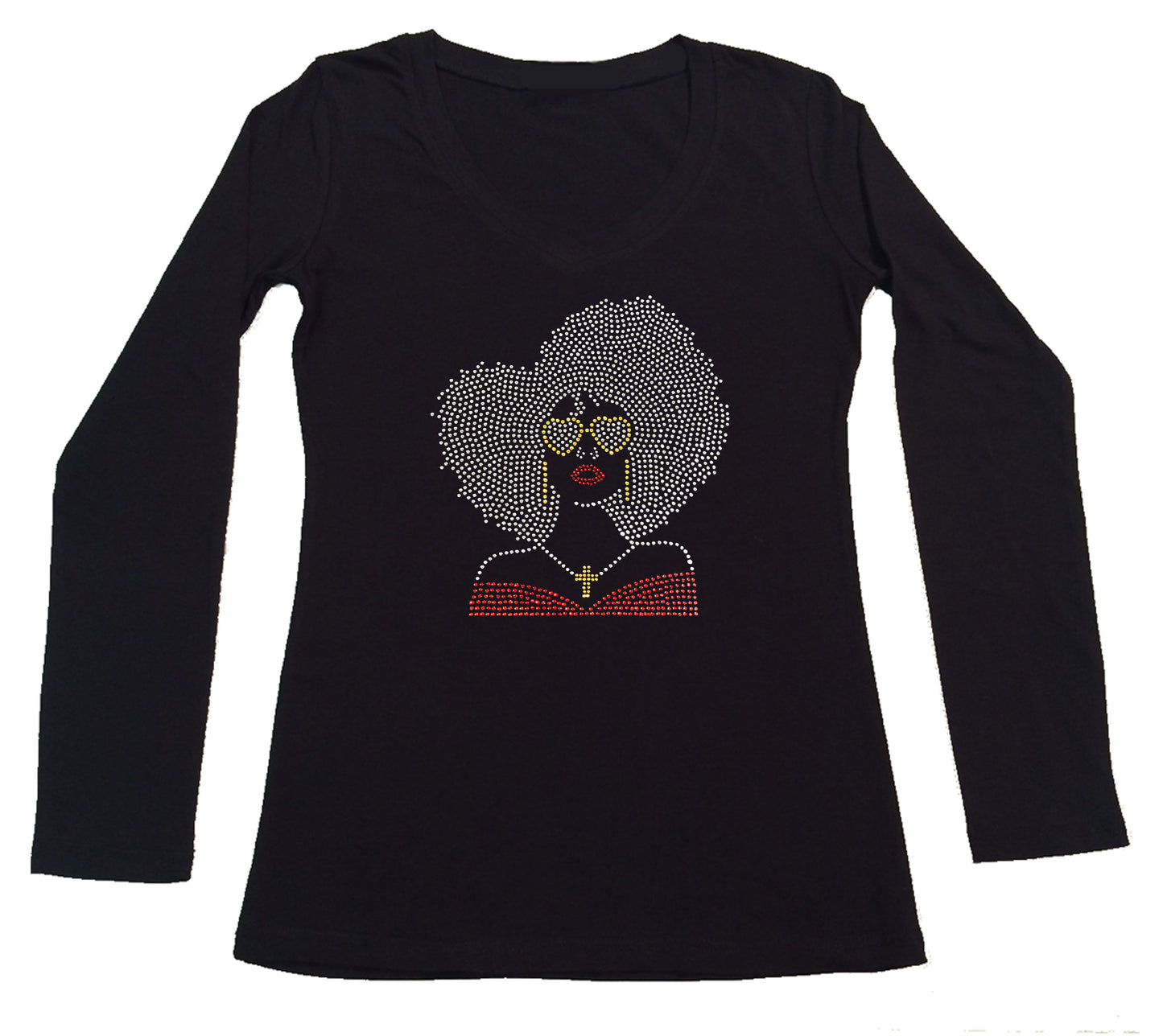 Womens T-shirt with Big Hair Girl with Glasses in Rhinestones