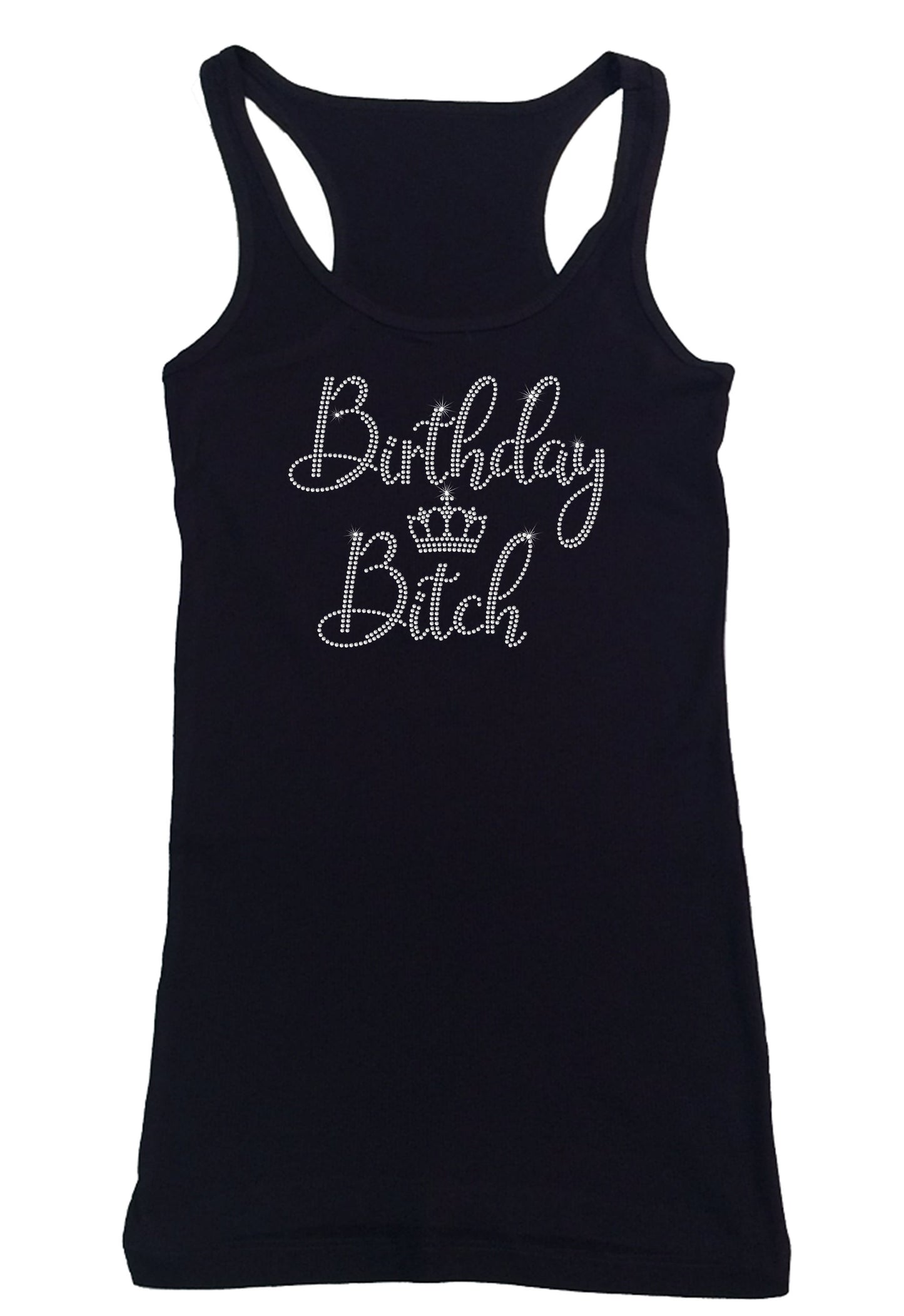 Womens T-shirt with Birthday Bitch with Crown in Rhinestones