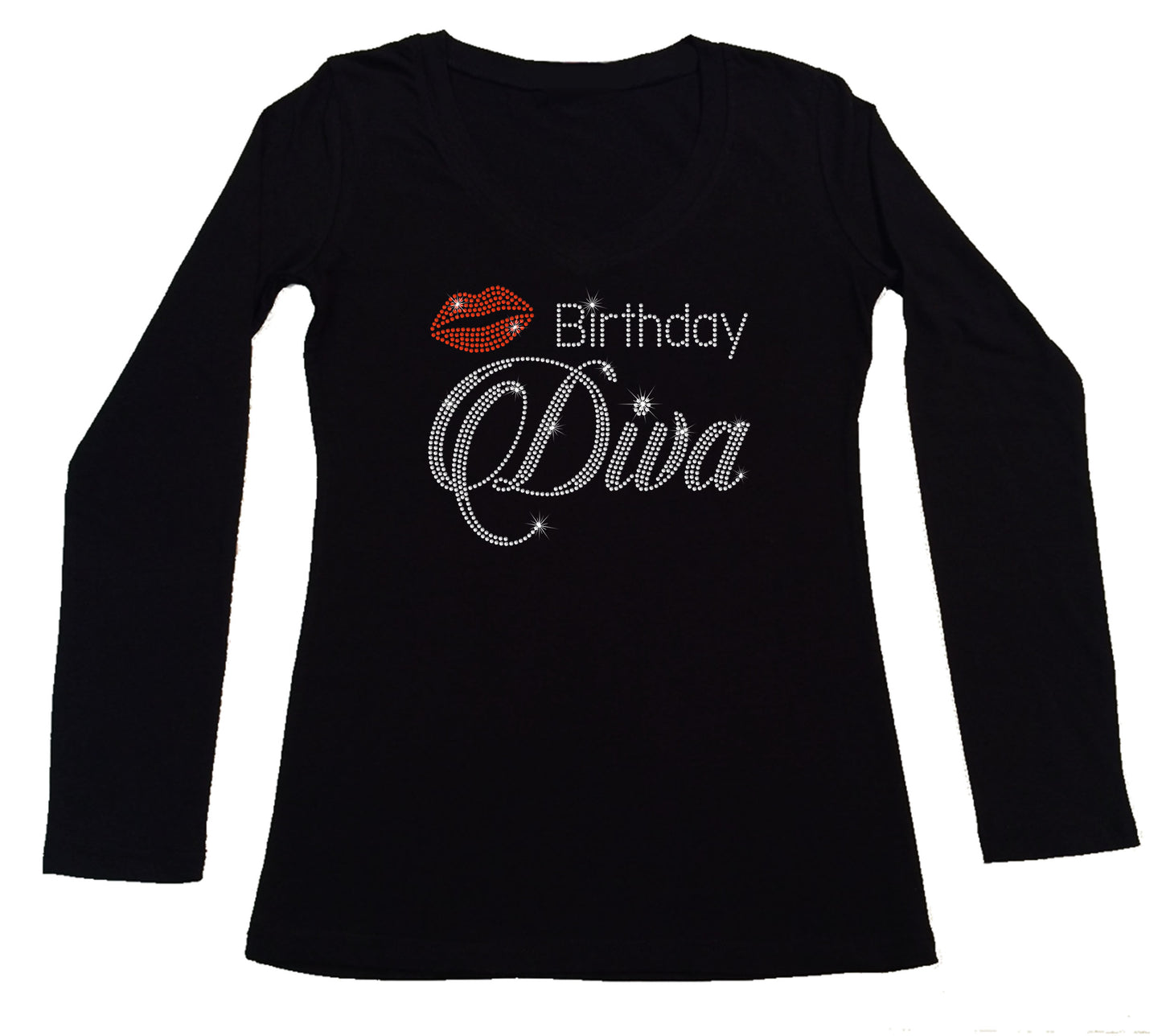Women's Rhinestone Fitted Tight Snug Birthday Diva with Red Lips - Rhinestone Birthday Shirt