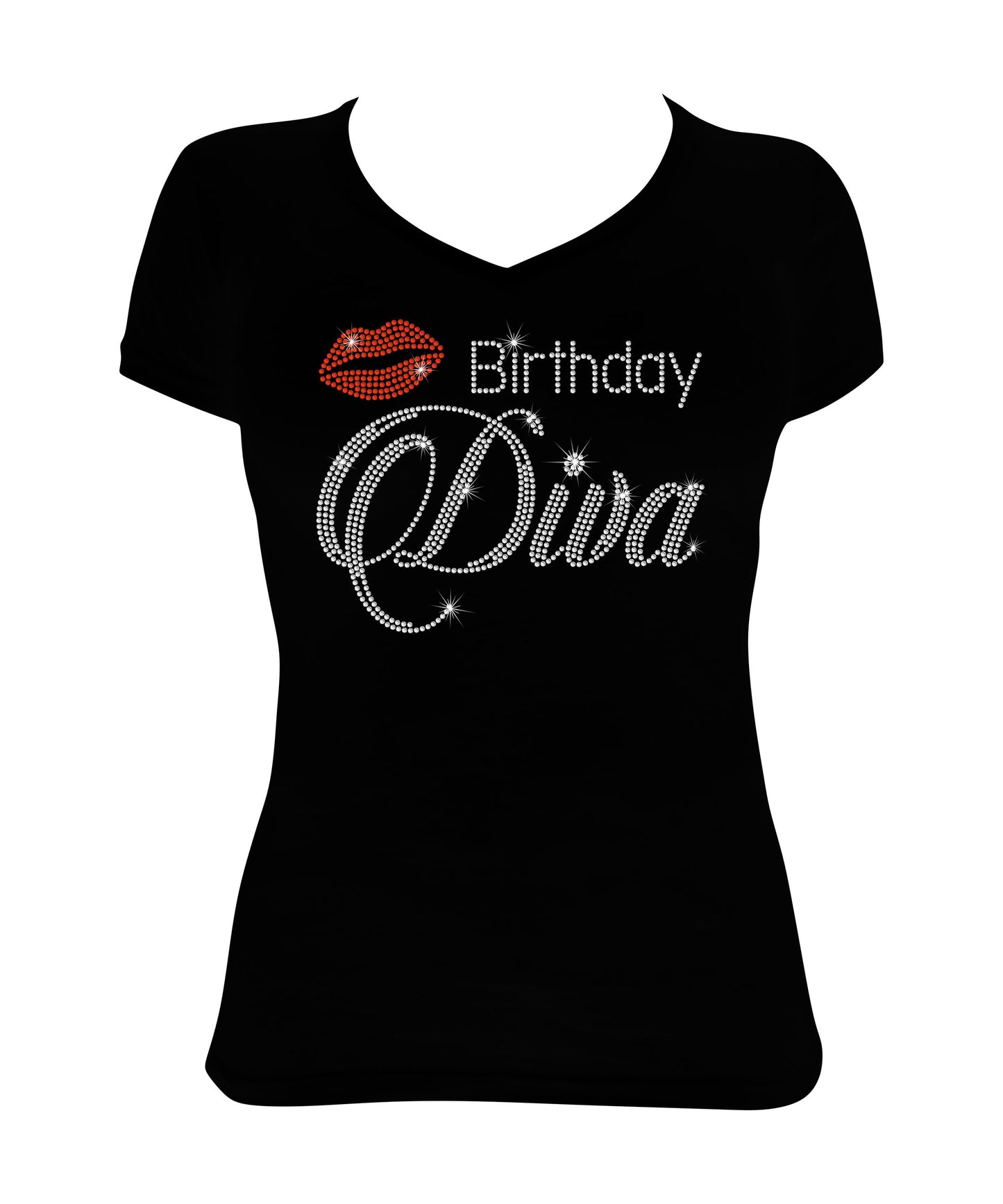 Birthday Diva with Red Lips - Rhinestone Birthday Shirt