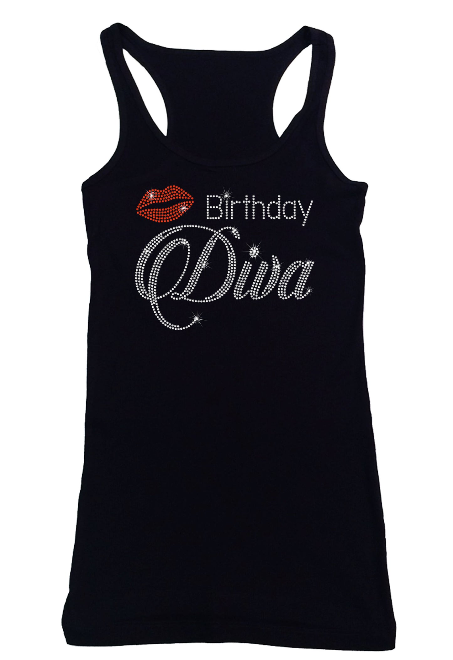 Women's Rhinestone Fitted Tight Snug Birthday Diva with Red Lips - Rhinestone Birthday Shirt