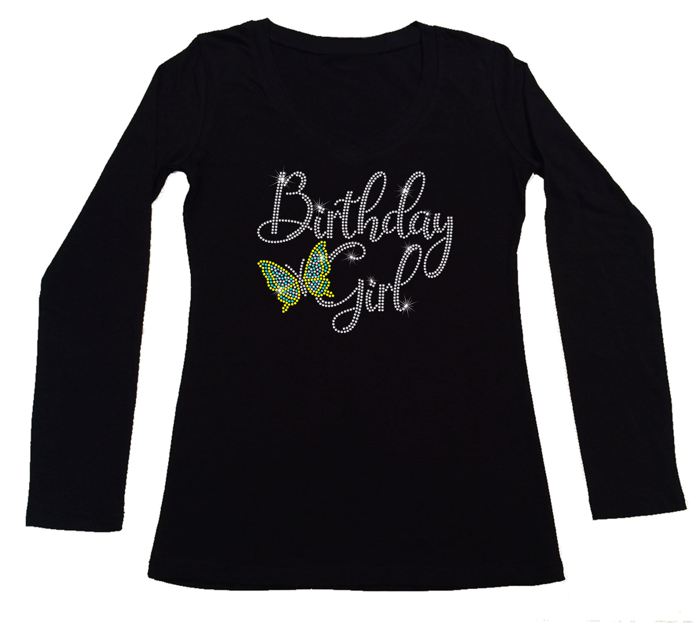 Women's Rhinestone Fitted Tight Snug Birthday Girl with Butterfly - Rhinestone Birthday Shirt