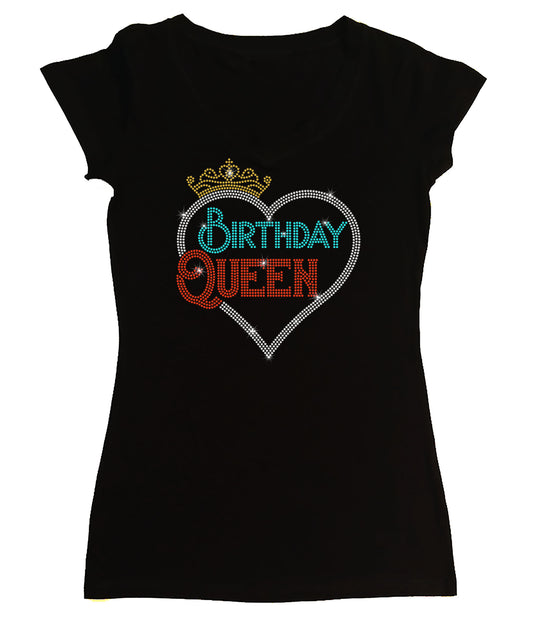 Women's Rhinestone Fitted Tight Snug Shirt Birthday Queen with Heart and Crown Birthday Bling