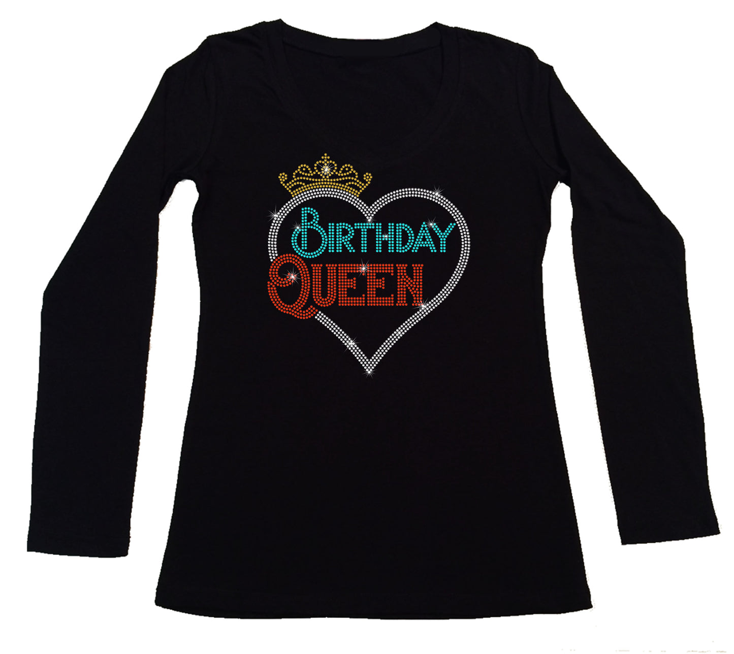 Women's Rhinestone Fitted Tight Snug Shirt Birthday Queen with Heart and Crown Birthday Bling
