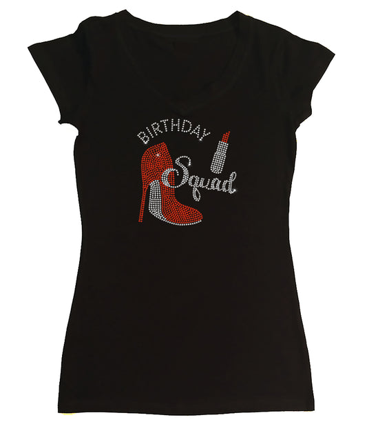 Womens T-shirt with Birthday Squad Heel Lipstick in Rhinestones