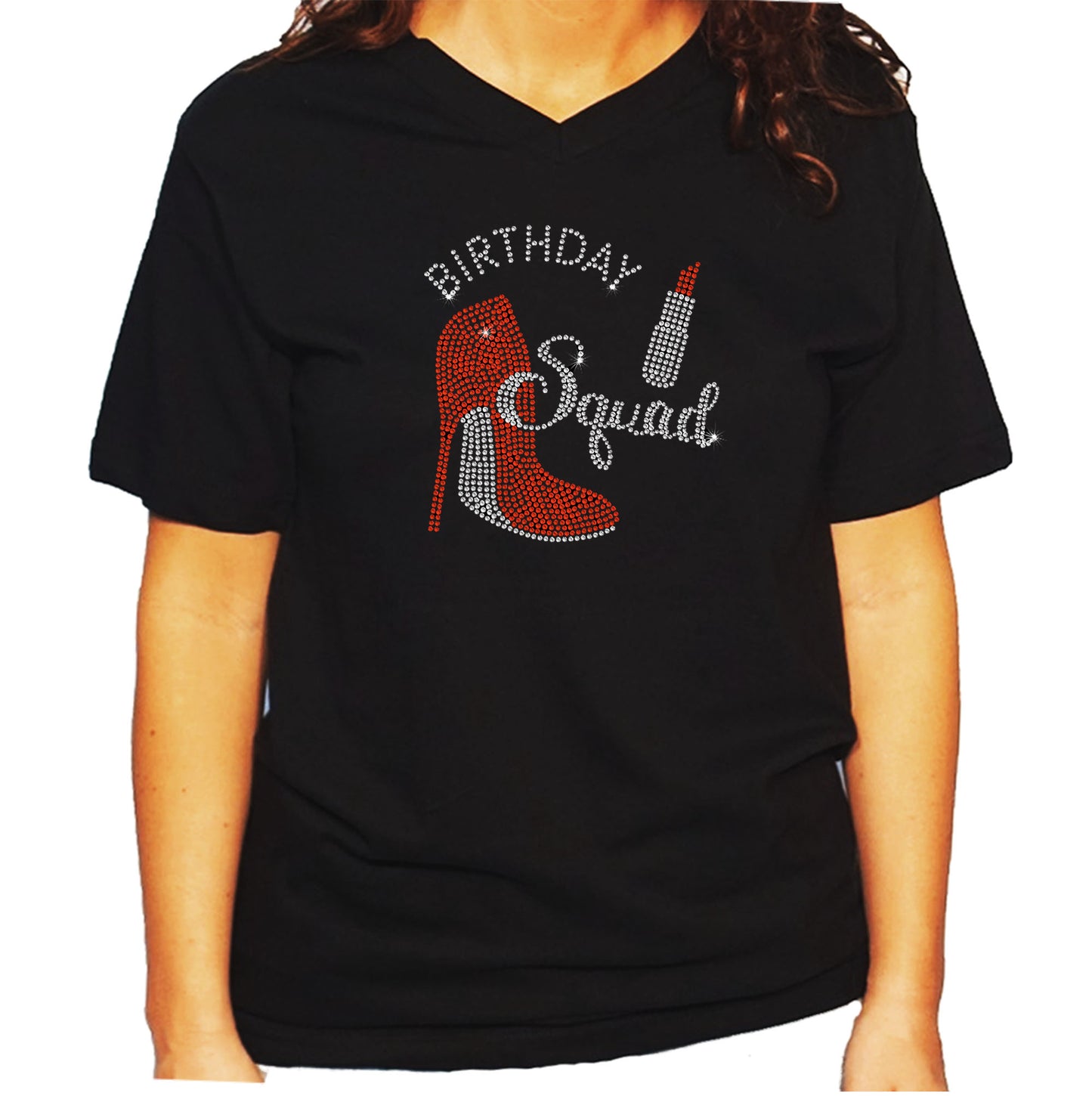 Women's / Unisex T-Shirt with Birthday Squad Heel Lipstick in Rhinestones