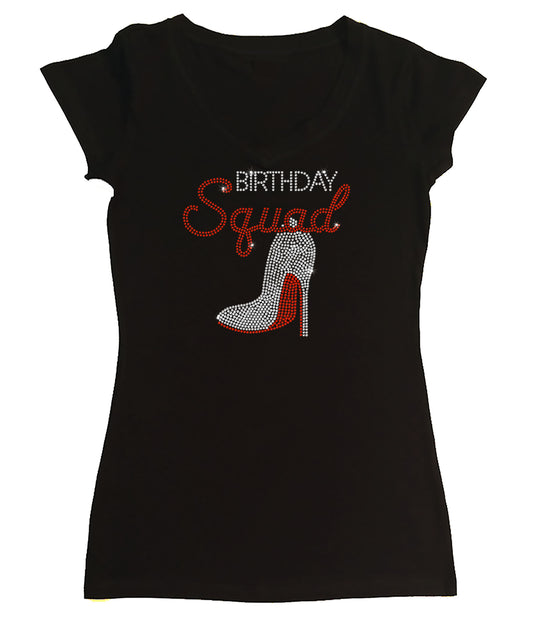 Womens T-shirt with Birthday Squad w/ Heel in Rhinestones