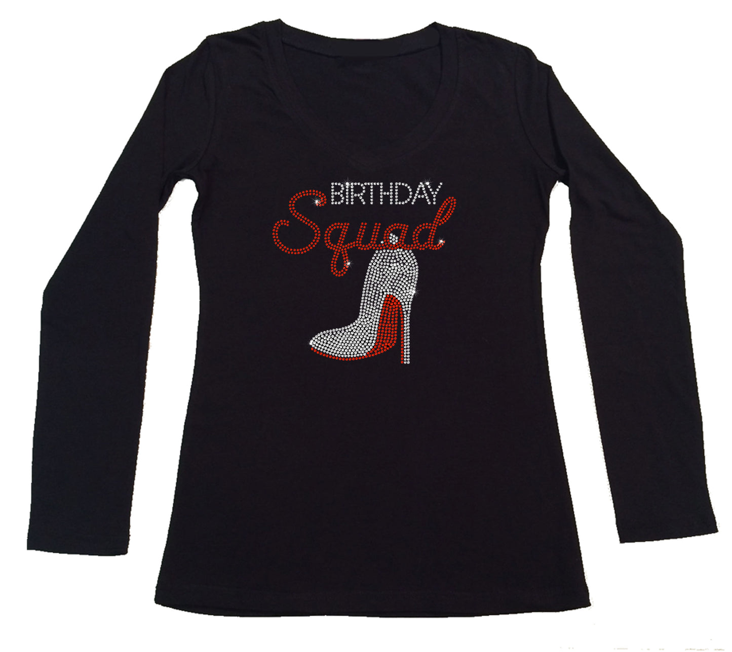 Womens T-shirt with Birthday Squad w/ Heel in Rhinestones