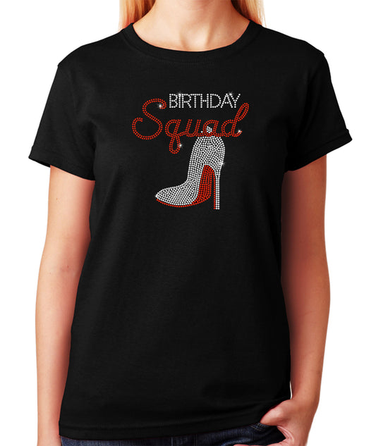 Women's / Unisex T-Shirt with Birthday Squad w Heel in Rhinestones