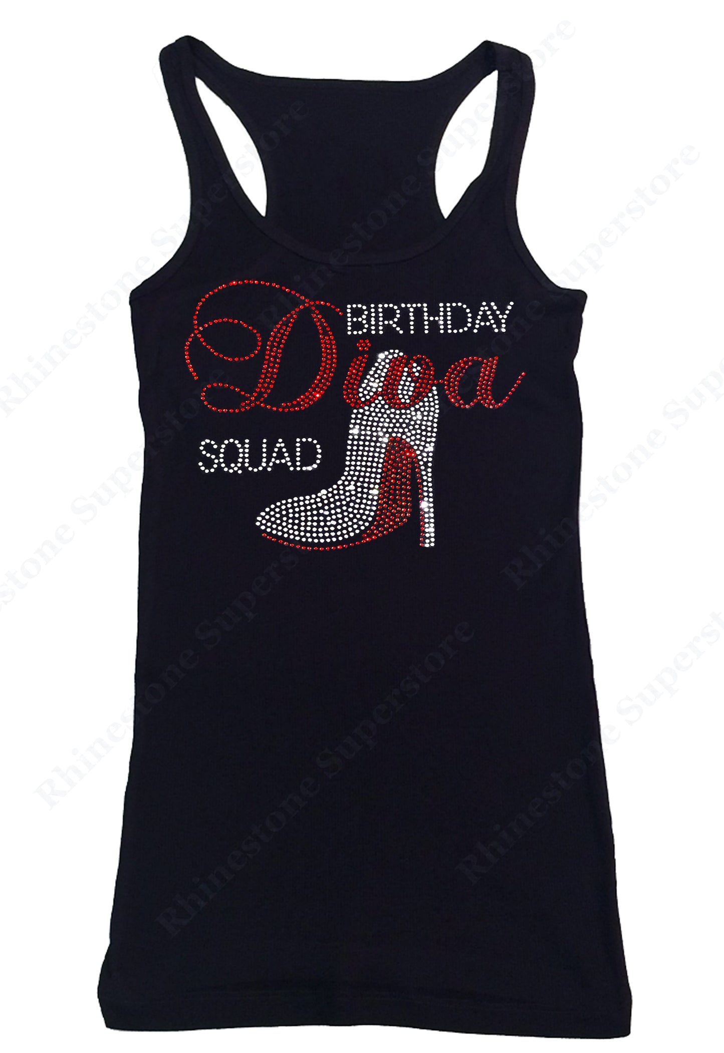 Womens T-shirt with Birthday Diva Squad with Heel in Rhinestones