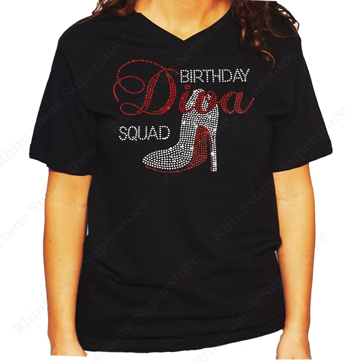 Women's / Unisex T-Shirt with Birthday Diva Squad with Heel in Rhinestones