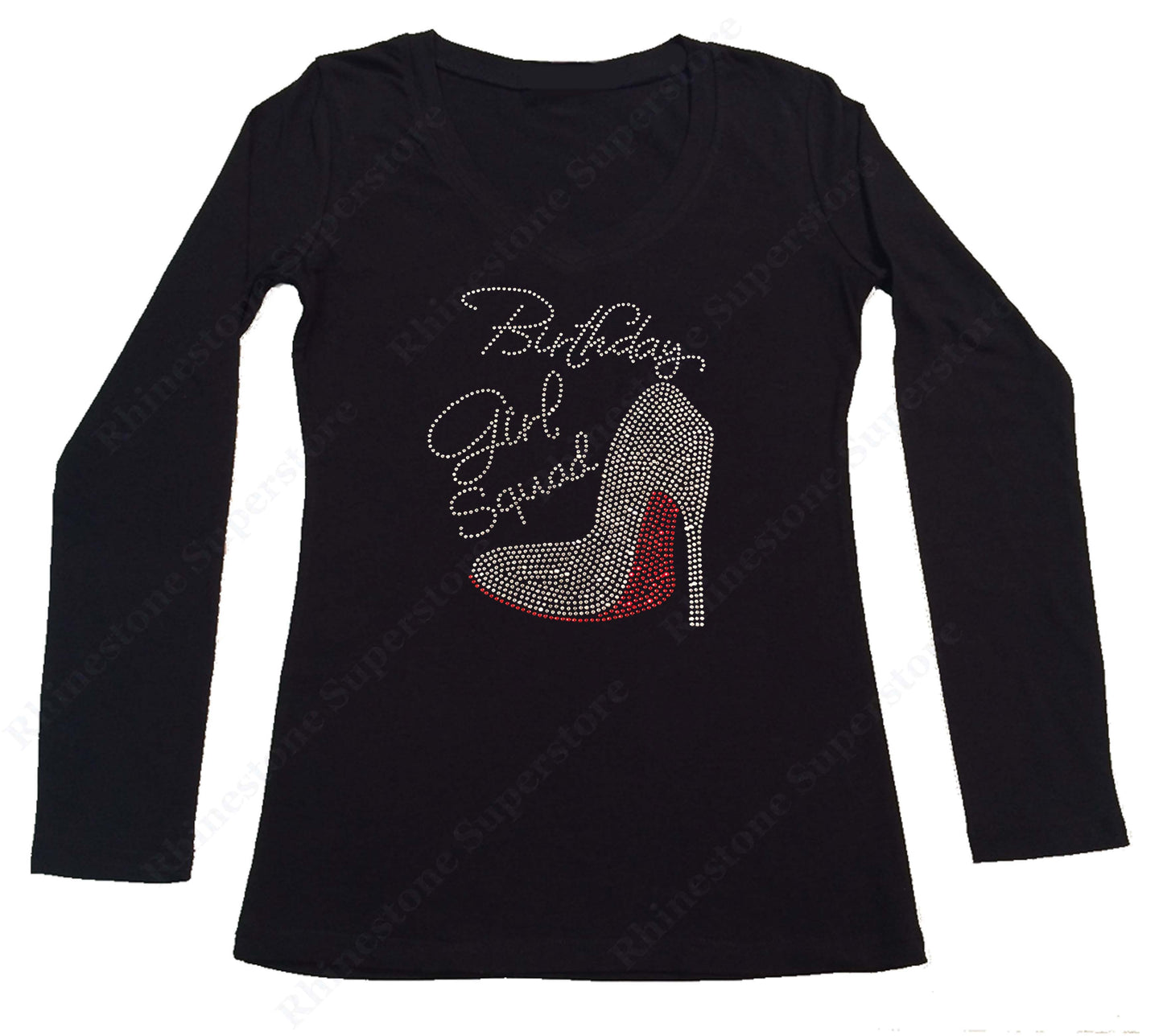 Womens T-shirt with Birthday Girl Squad with Heel in Rhinestones
