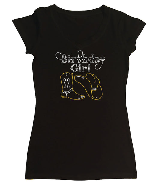 Womens T-shirt with Birthday Girl Western in Rhinestones