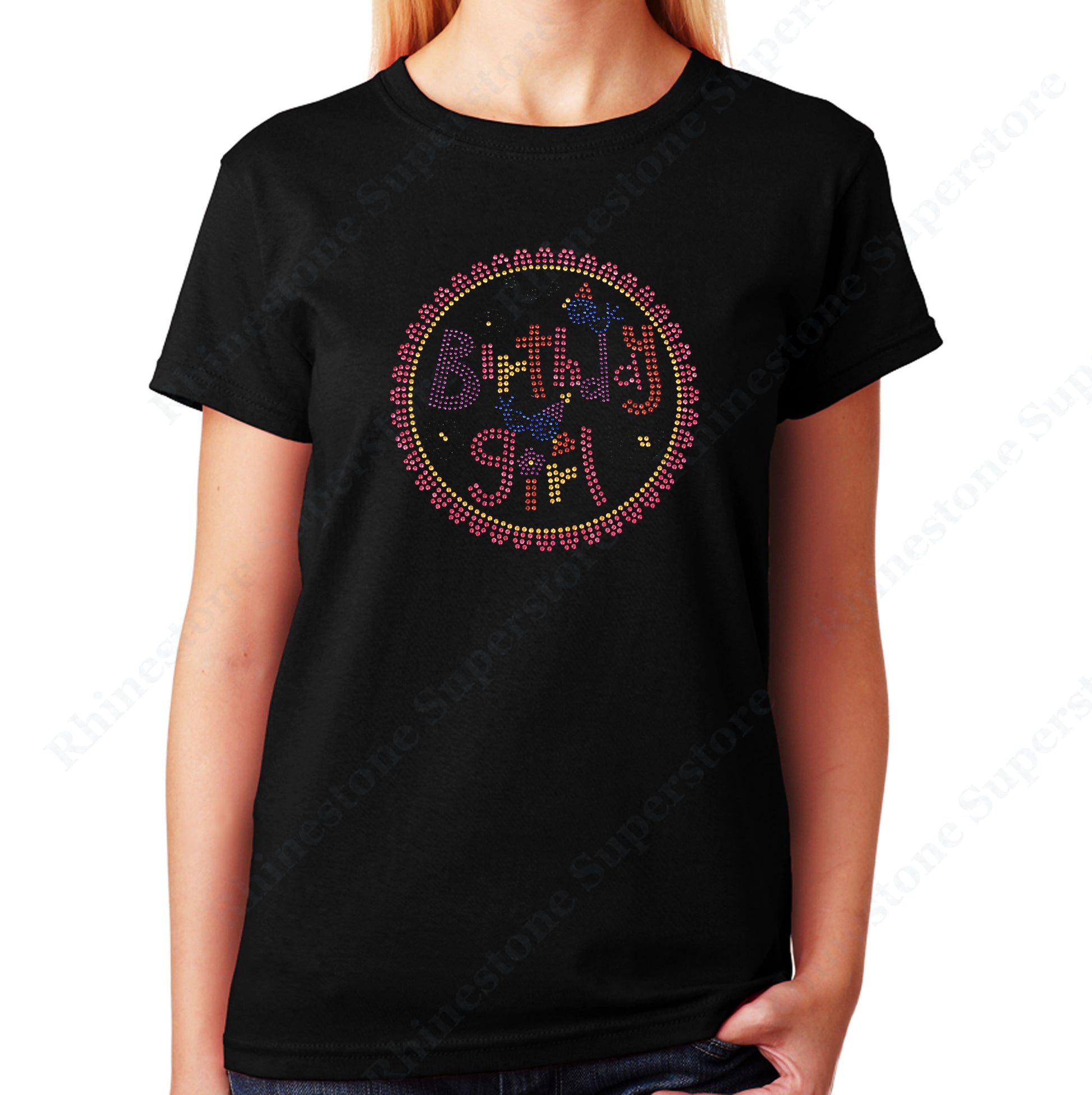 Women's / Unisex T-Shirt with Birthday Girl with Circle in Rhinestuds