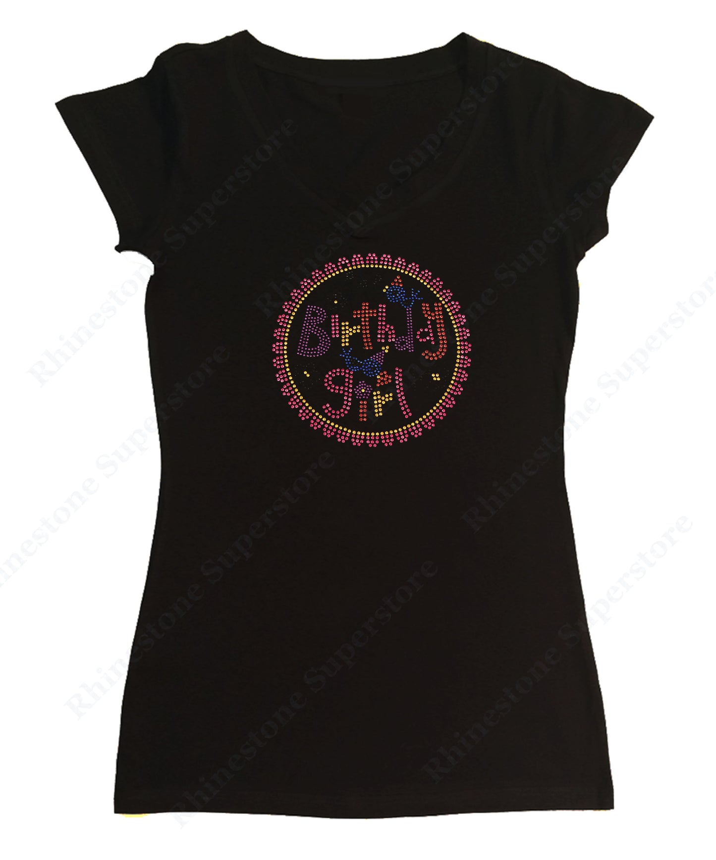 Womens T-shirt with Birthday Girl with Circle in Rhinestuds
