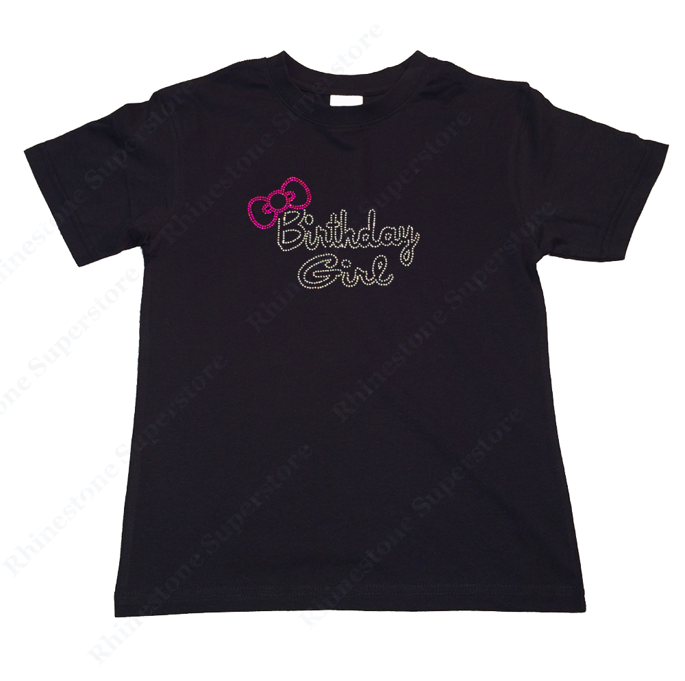 Girls Rhinestone T-Shirt " Birthday Girl with Pink Bow " Size 3 to 14 Available