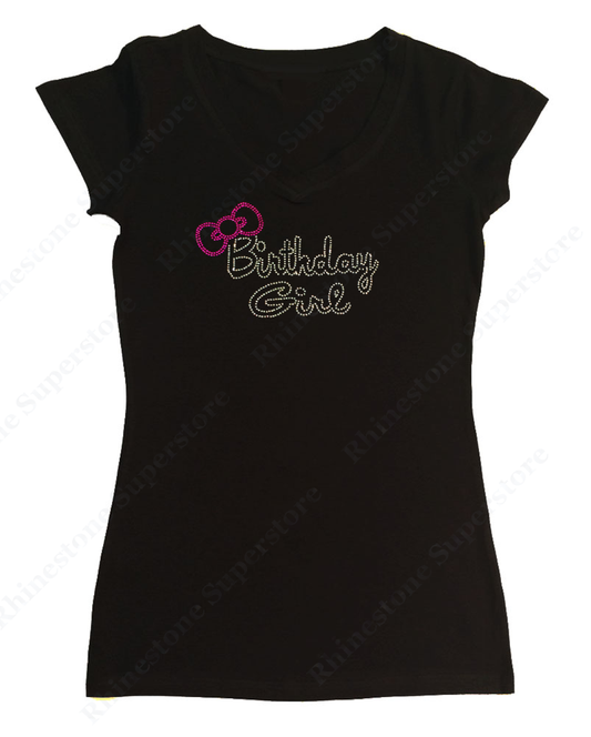 Womens T-shirt with Birthday Girl with Pink Bow in Rhinestones
