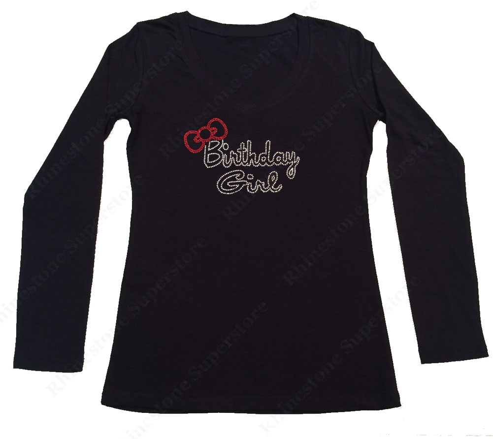 Womens T-shirt with Birthday Girl with Red Bow in Rhinestones