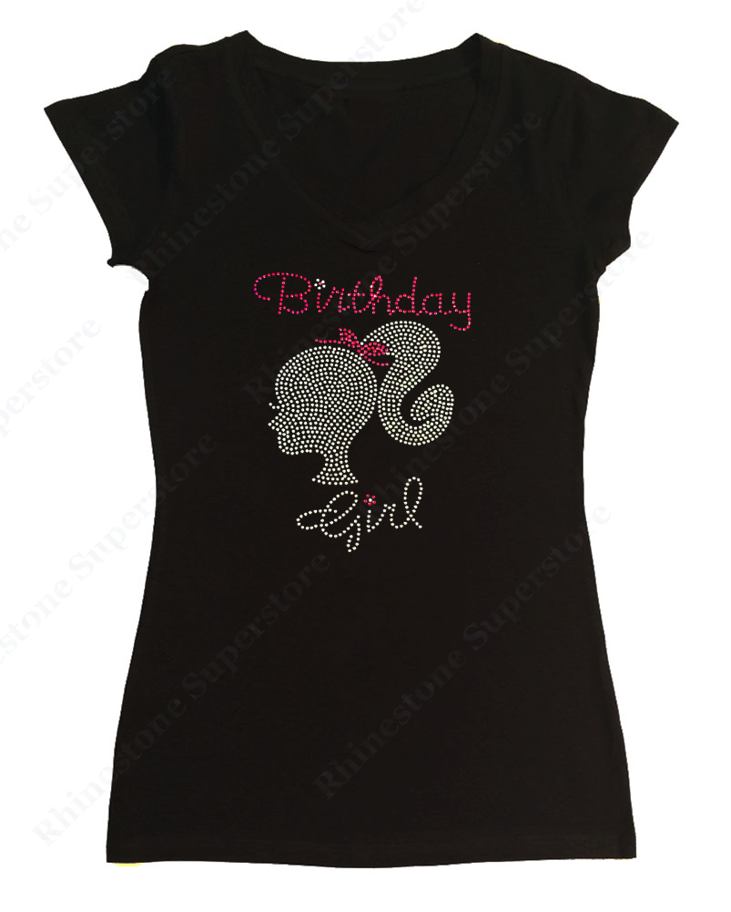 Womens T-shirt with Birthday Girl with Silhouette in Rhinestones