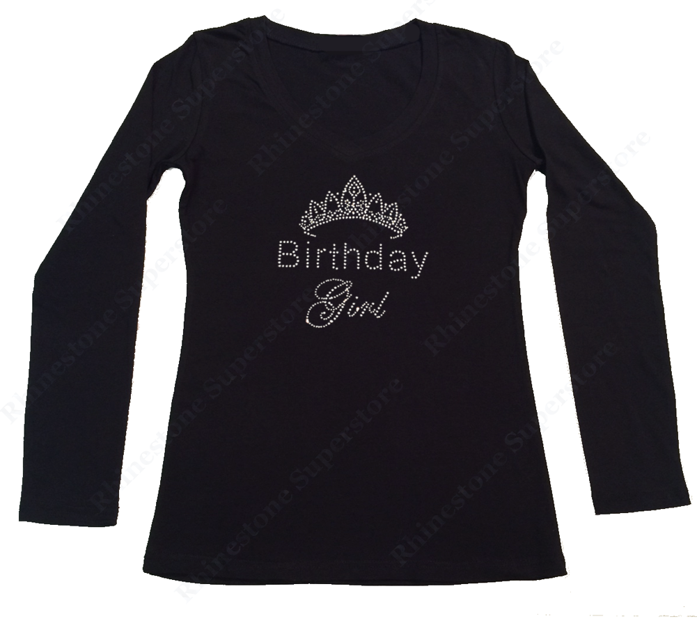 Womens T-shirt with Birthday Girl with Tiara in Rhinestones