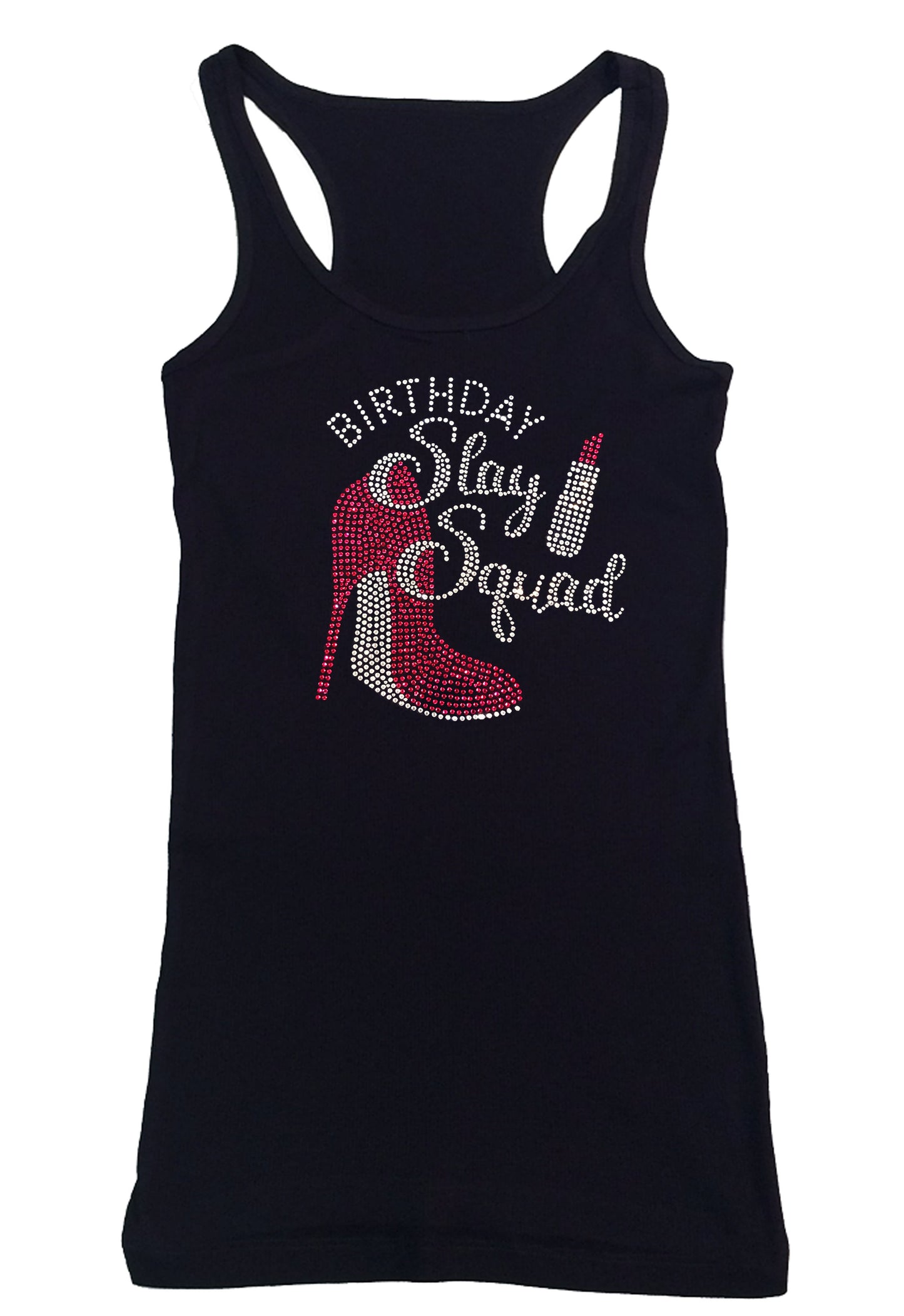 Womens T-shirt with Birthday Slay Squad with Pink Heel & Lipstick in Rhinestones