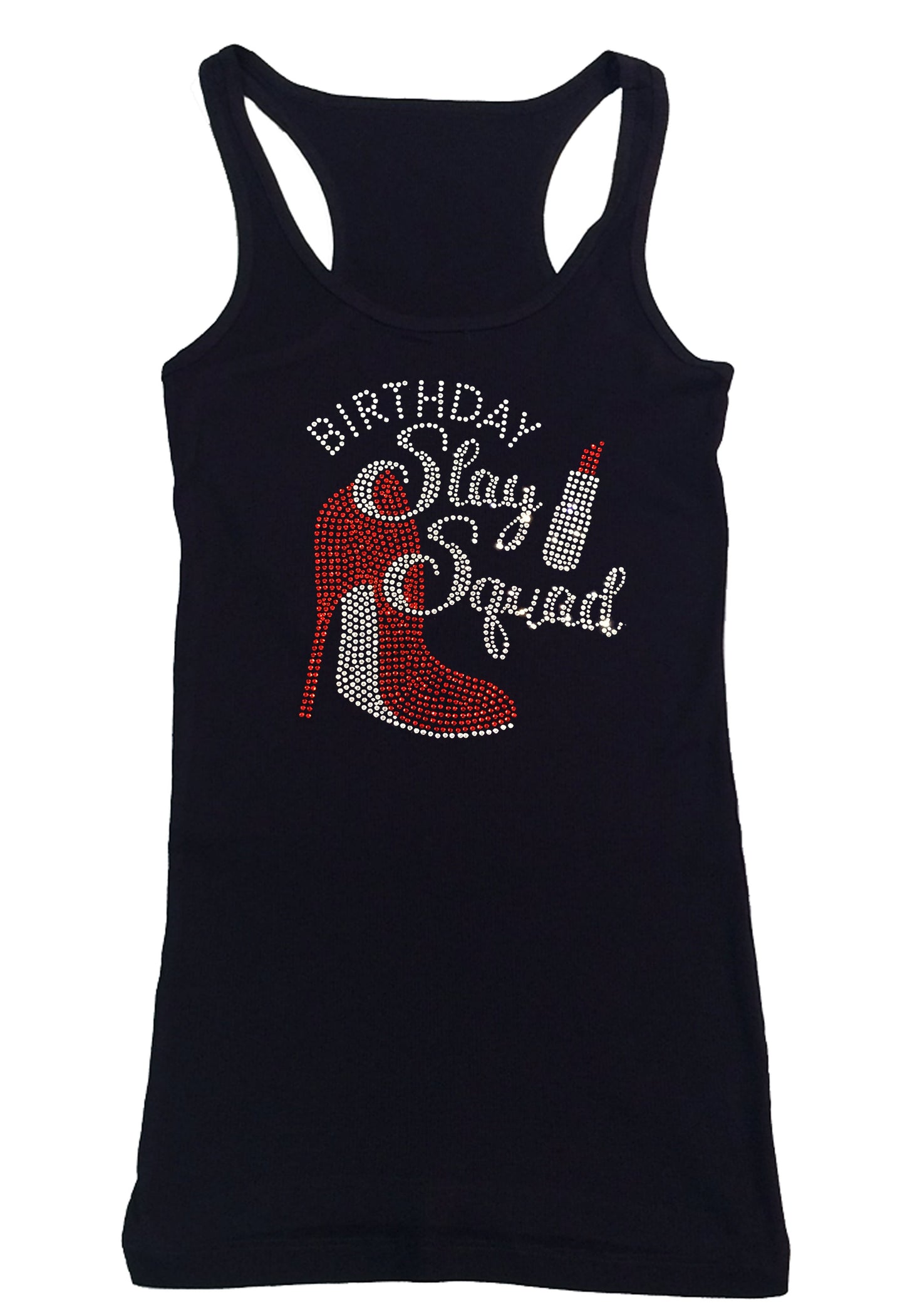 Womens T-shirt with Birthday Slay Squad with Red Heel & Lipstick in Rhinestones