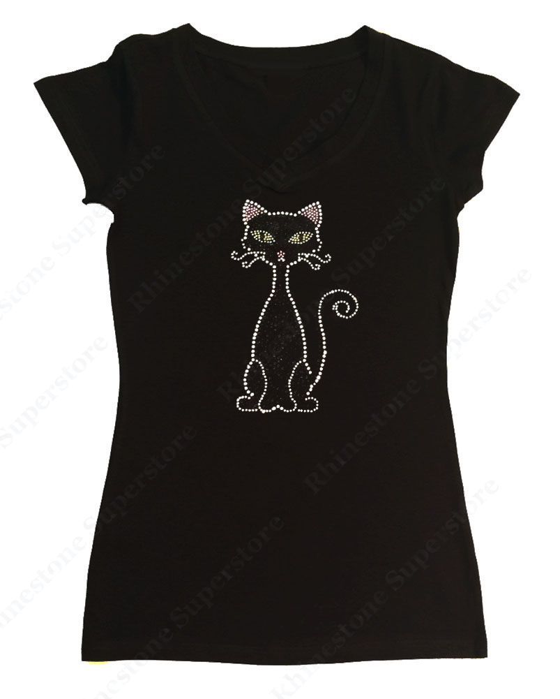 Womens T-shirt with Black Cat in Rhinestones