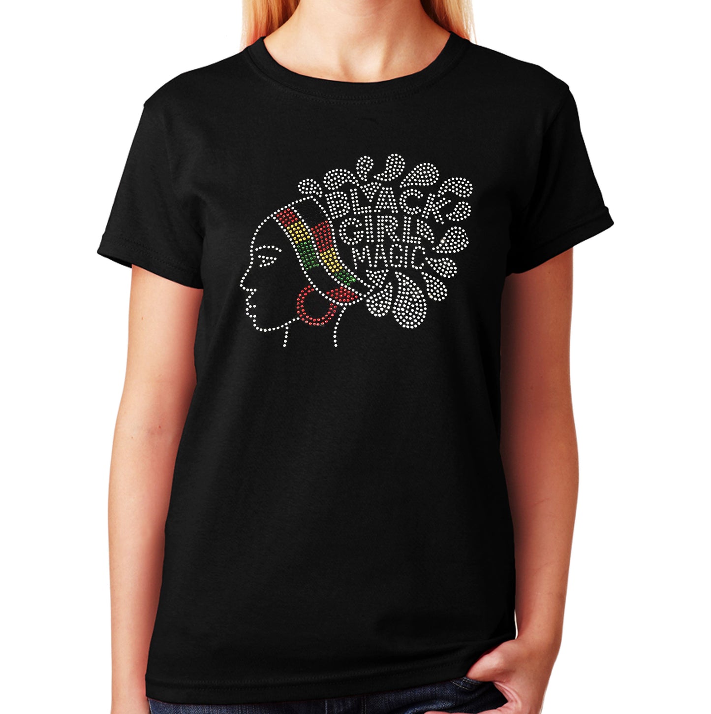 Women's / Unisex T-Shirt with Black Girl Magic in African Colors in Rhinestones