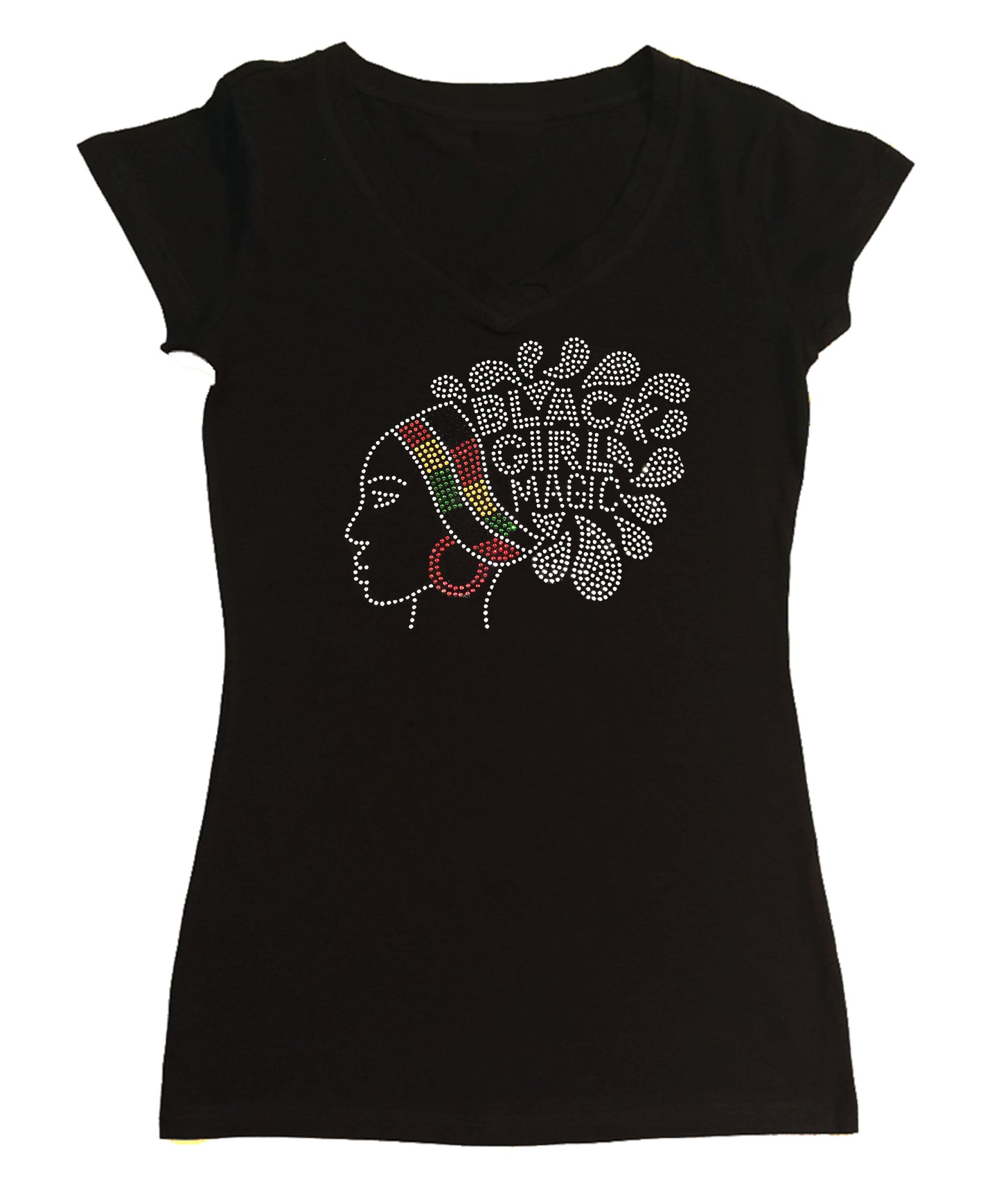 Womens T-shirt with Black Girl Magic in African Colors in Rhinestones