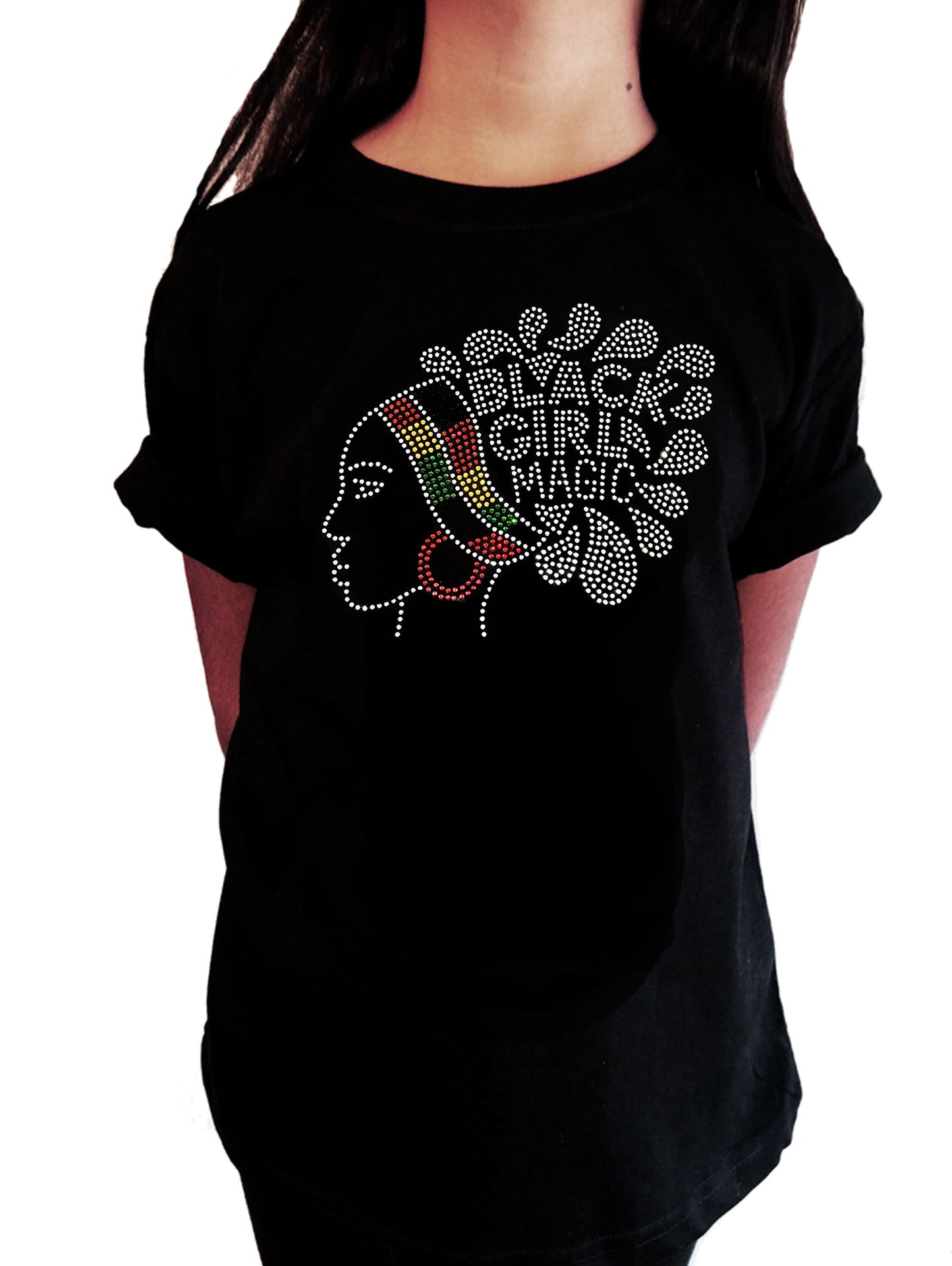 Girls Rhinestone T-Shirt " Black Girl Magic in African Colors in Rhinestones " Kids Size 3 to 14 Available