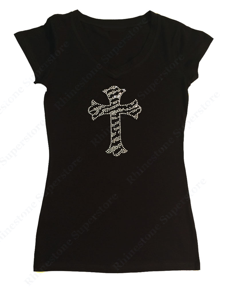 Womens T-shirt with Black and Crystal Zebra Cross in Rhinestones