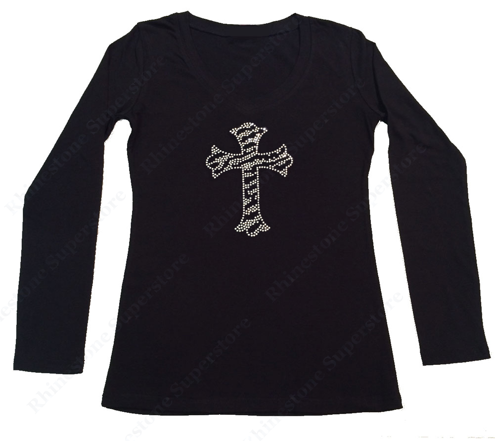 Womens T-shirt with Black and Crystal Zebra Cross in Rhinestones