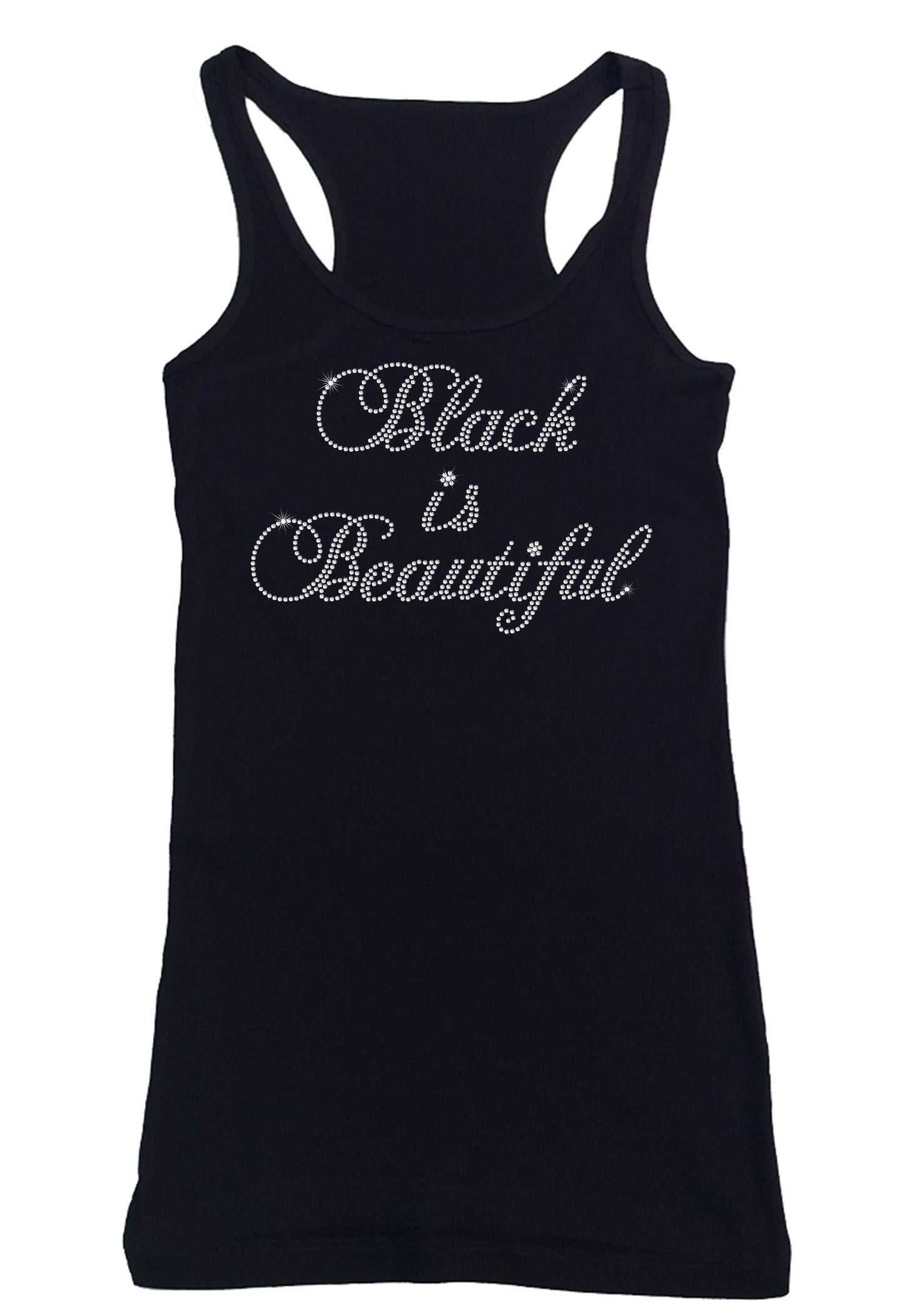 Womens T-shirt with Black is Beautiful Script in Rhinestones