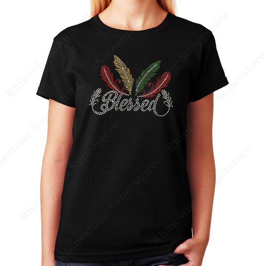 Unisex T-Shirt with Blessed with Colorful Feathers in Rhinestones