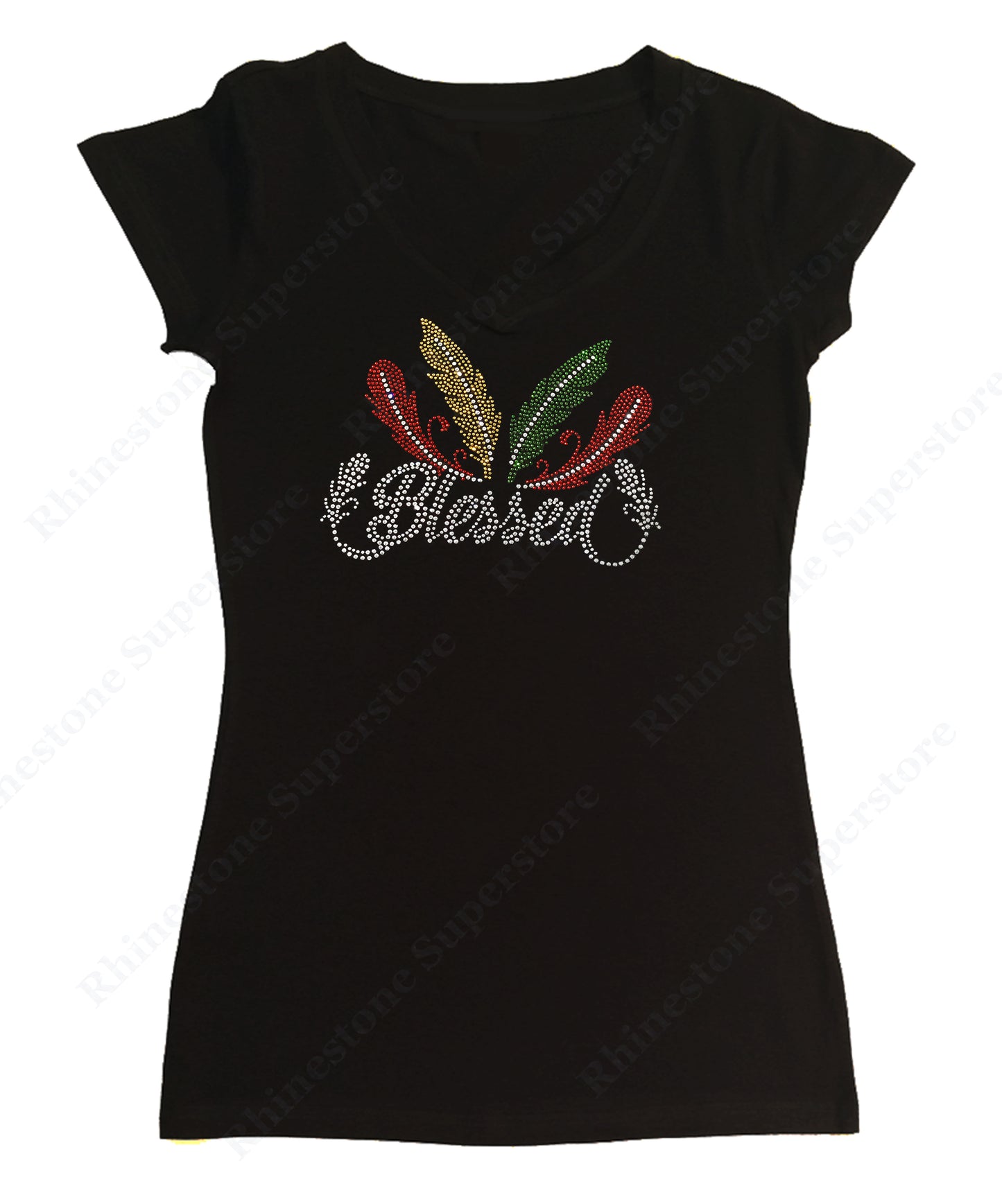 Womens T-shirt with Blessed with Colorful Feathers in Rhinestones