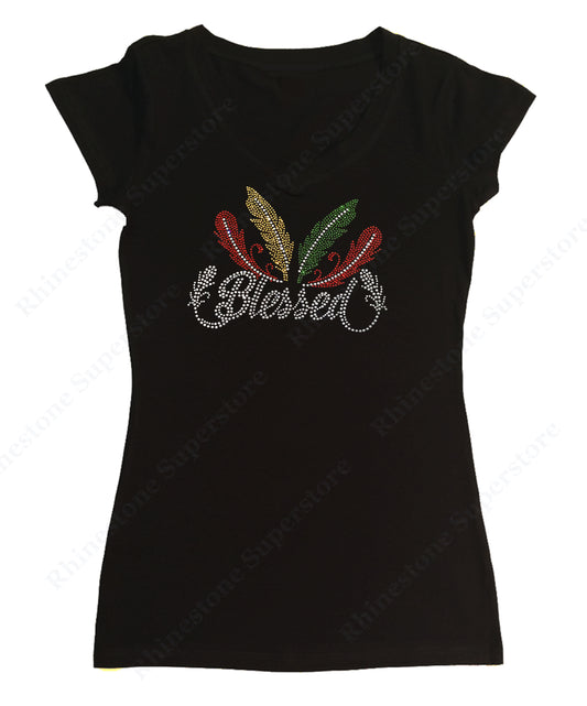 Womens T-shirt with Blessed with Colorful Feathers in Rhinestones