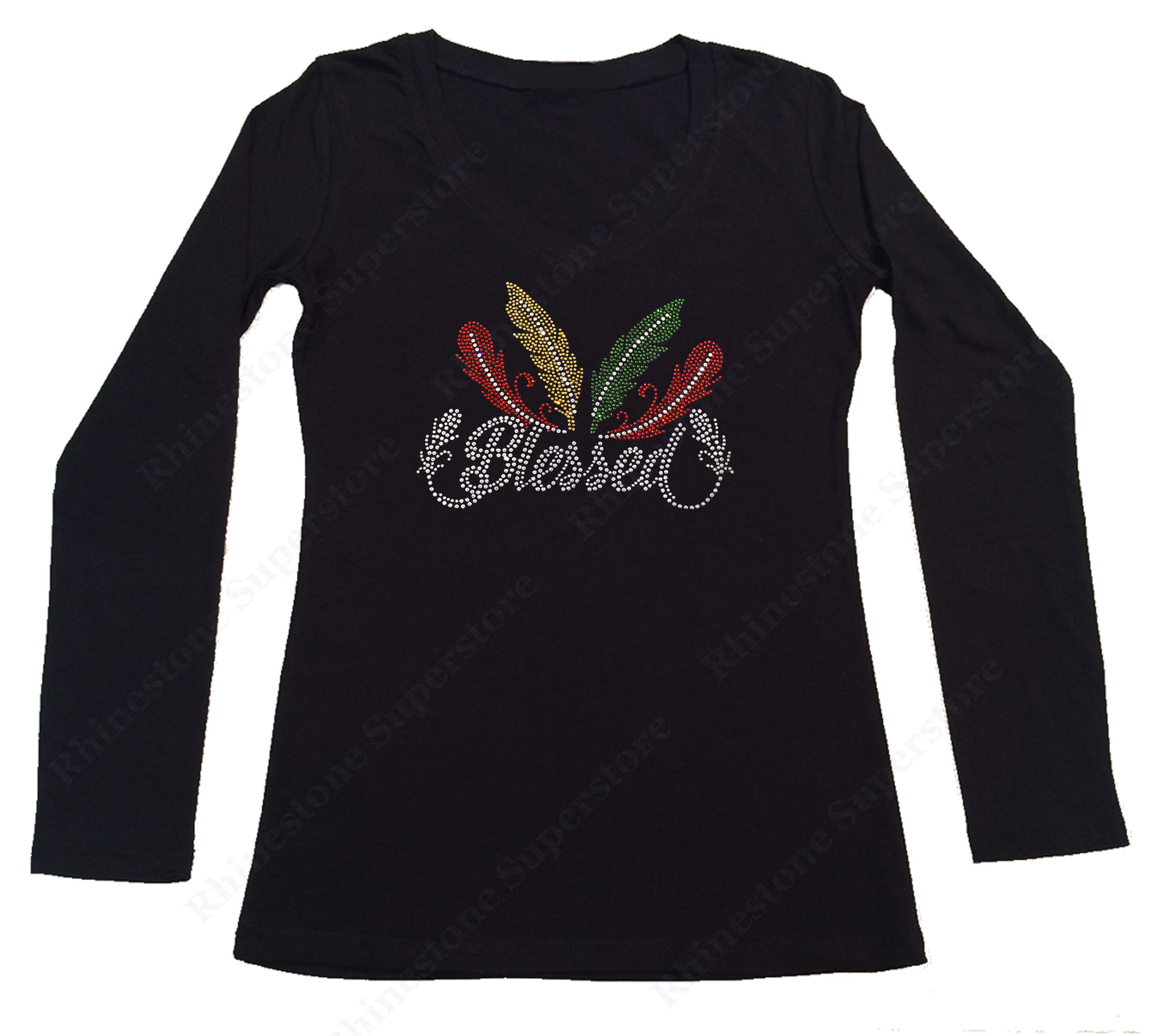 Womens T-shirt with Blessed with Colorful Feathers in Rhinestones