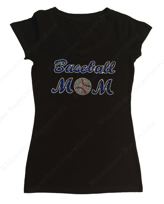 Womens T-shirt with Blue Baseball Mom in Rhinestones