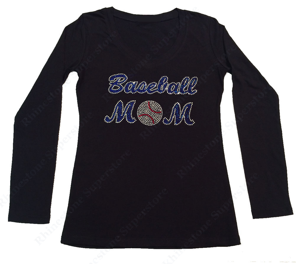 Womens T-shirt with Blue Baseball Mom in Rhinestones