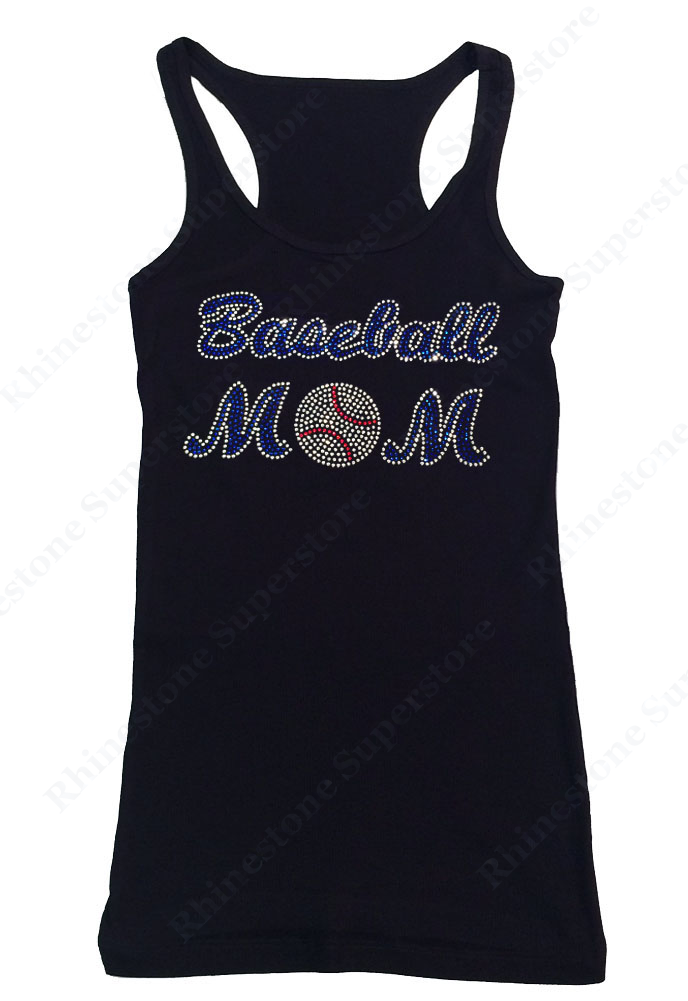 Womens T-shirt with Blue Baseball Mom in Rhinestones