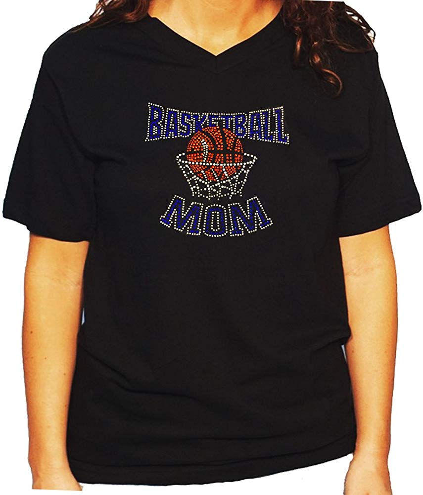 Women's / Unisex T-Shirt with Blue Basketball Mom in Rhinestones