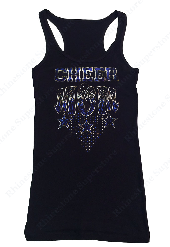 Womens T-shirt with Blue Cheer Mom with Stars in Rhinestones