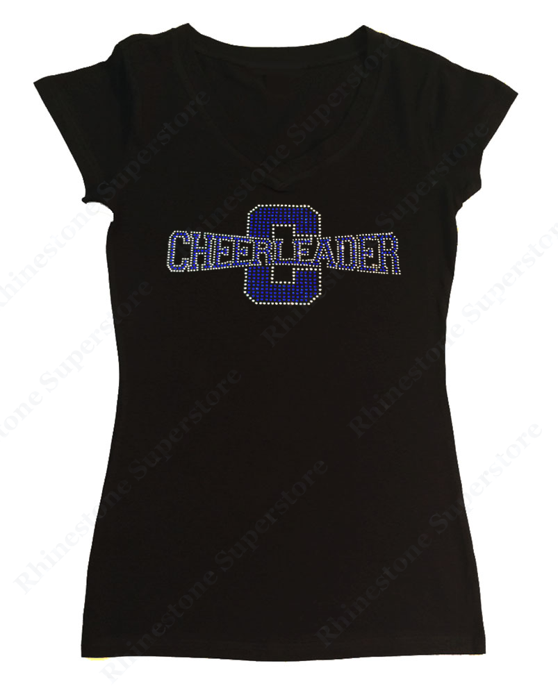 Womens T-shirt with Blue Cheerleader in Rhinestones