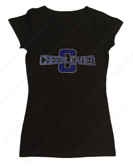 Womens T-shirt with Blue Cheerleader in Rhinestones