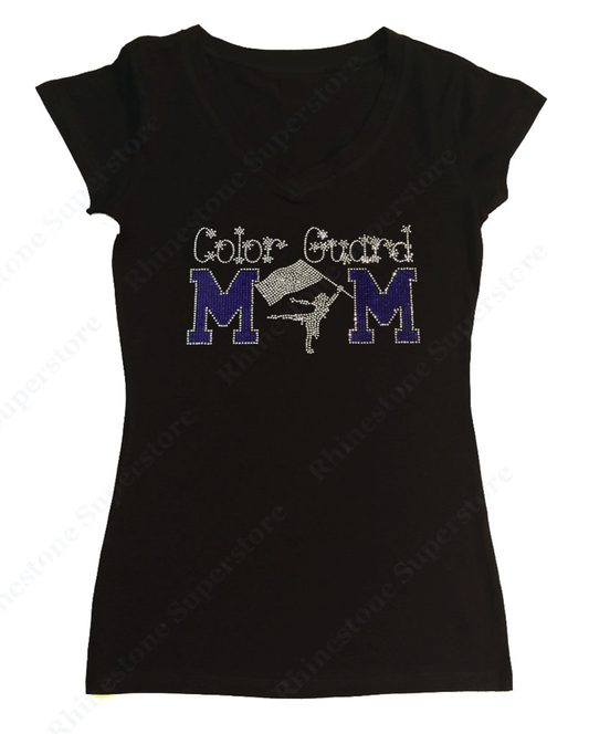 Womens T-shirt with Blue Color Guard Mom in Rhinestones